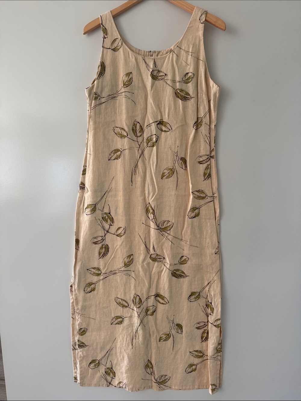 Rafaella Linen Maxi Dress Sz 12 Tan Leaf Print Linen Sleeveless Long Modest